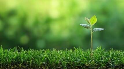 A single green sprout emerging from a patch of grass on a blurred green background.