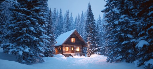 The cozy cabin nestled in a snowy forest during a serene winter evening.