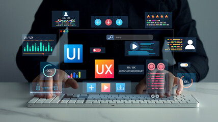 Modern UI/UX design concept with digital interface elements, coding, dashboard, and developer workspace, ideal for tech, app, and web development themes.