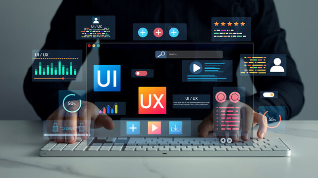 Modern UI/UX design concept with digital interface elements, coding, dashboard, and developer workspace, ideal for tech, app, and web development themes.