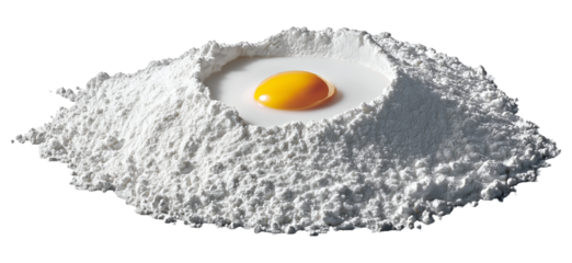 Top view of flour with one yolk in the center , isolated on transparent background, png