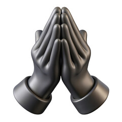 Close up of a dark metallic sculpture of praying hands isolated on transparent background
