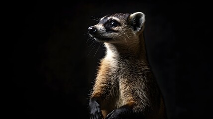 Fototapeta premium Graceful Curiosity: An Alert Coati Standing Upright, Captured in a Detailed and Elegant Studio Portrait