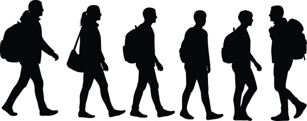 Group of people walking, travel journey, backpackers silhouette, students hiking together, team movement, flat vector cad drawing, outdoor lifestyle design