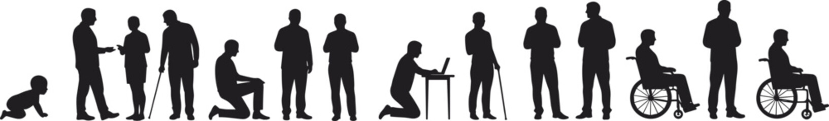 Life stages of a man silhouette, crawling baby to elderly in wheelchair, vector illustration, aging concept, human development stages.