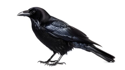 
Glossy Plumage: A Majestic Crow with Shiny Black Feathers Standing in Profile on a White Background