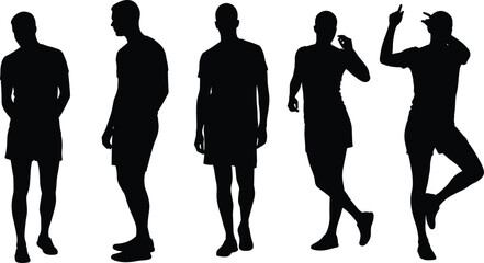 Silhouette of men in various poses, standing, walking, dancing, casual wear, black vector style, flat cad drawing illustration