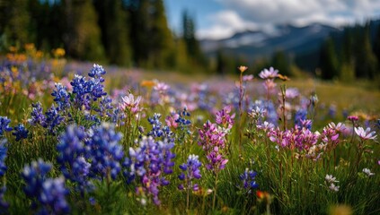 A vibrant meadow bursting with wildflowers in shades of purple, pink, and blue.  Mountain backdrop visible in the distance