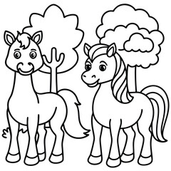 Naklejka premium Two happy cartoon horses standing in a field with trees and fluffy clouds above them