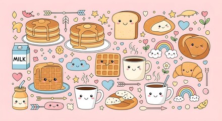 Adorable Kawaii Breakfast Characters: A Sweet Doodle Pattern with Smiling Pancakes, Waffles, and Coffee
