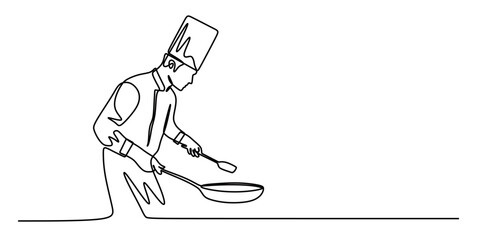 Continuous line art of a professional chef cooking. Chef's cooking concept. This icon is for a restaurant poster or logo.