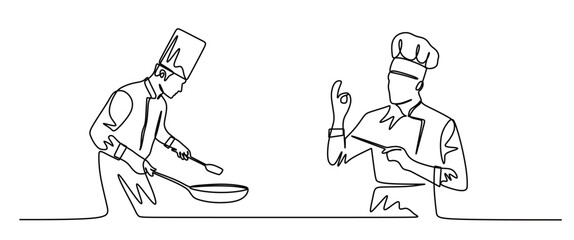 Continuous line art of a team of professional chefs cooking. Cooking competition in an event. This icon is for a poster or logo of a restaurant.