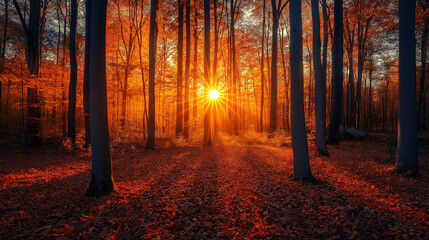 Fototapeta premium Sunlight shining through trees in an autumn colored forest, Generative Ai