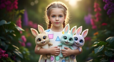 Blue-Eyed Girl with Braids Cuddles Three Fantasy Bunnies in a Sunlit Garden