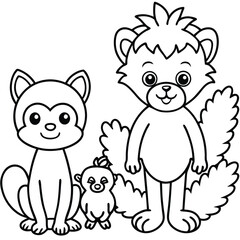Cute cartoon illustration of three friendly forest animals a fox a bear cub and a squirrel in black and white outline for coloring