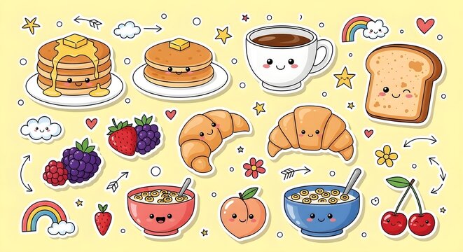 Cheerful Kawaii Breakfast Food Icons with Smiling Faces and Playful Elements