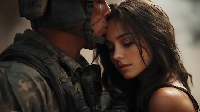 Soldier kissing her wife in warzone background