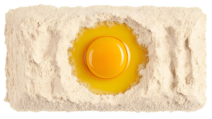 Top view of flour with one yolk in the center , isolated on transparent background, png