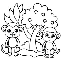Cute cartoon monkeys standing in front of a tree with leaves and fruit in a playful jungle scene coloring page