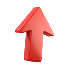 A bright red 3d arrow pointing upwards isolated on a transparent background isolated on transparent background