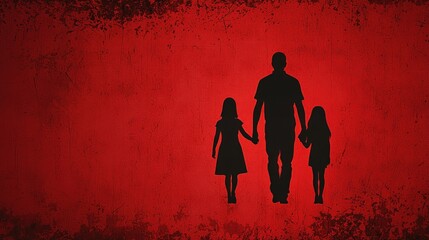 A silhouette of a man and two children walking on a red background. The family concept of unity and togetherness. The image emphasizes the warmth and love of the family members.