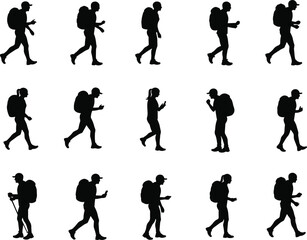 Silhouette people hiking, trekking with backpack, walking poses, outdoor adventure, trail walking, vector characters set, cad drawing flat vector illustration