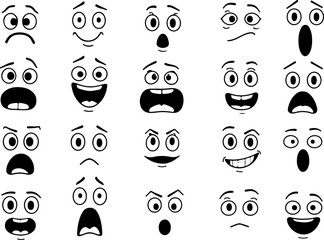 Cartoon retro faces. Vintage emotional face with mascot characters funny faces , eyes and mouths elements