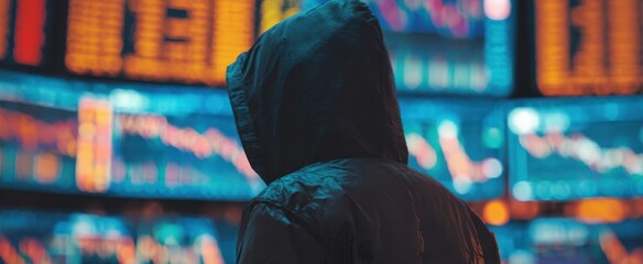 The hooded figure analyzing financial data in a vibrant trading environment.