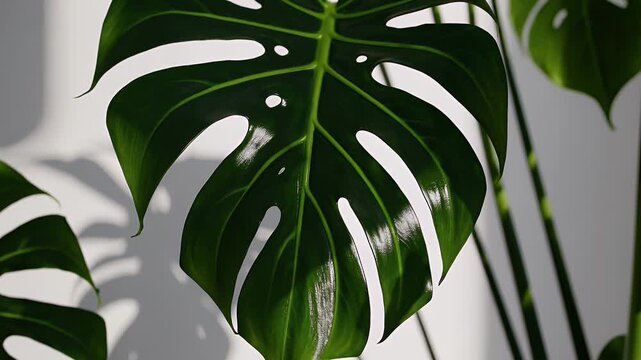 Close up of a green philodendron xanadu leaf with shadows of nearby monstera deliciosa leaves gently moving in the breeze against a white wall creating a slow motion nature background that