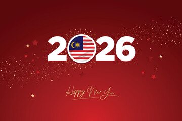 Colorful Happy New Year Festival Design Banner for Malaysia, New Year 2026 Logo with Malaysia Flag on Red-Golden Confetti and star Background, Calendar 2026, Social Media New Year Banner, PostCard