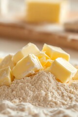 Close-up of butter cubes on flour, perfect for baking projects and culinary inspiration.