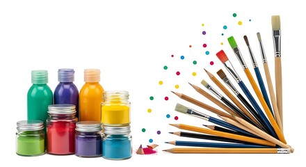 Obraz premium Paint bottles and brushes isolated on white background for art projects