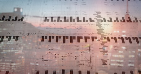 Overlaying data over skyline at dusk, showing bar and line charts, histogram, time-series labels