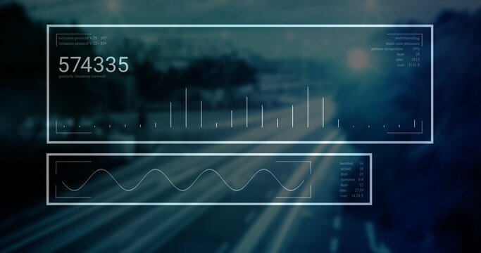 Displaying two UI overlays over highway light trails at night, featuring numeric panels and graphs