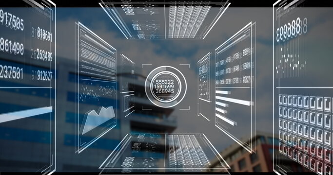Hovering translucent readout showing three rows of numbers in cityscape, with data panels