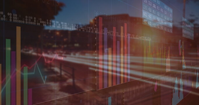 Overlaying translucent bar charts, line graphs and numeric overlays on city street at night