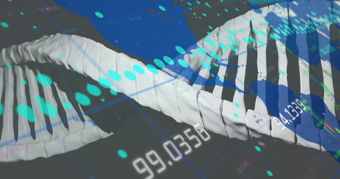 Displaying DNA helix twisting in visualization screen, with numeric data, turquoise dots, gridlines
