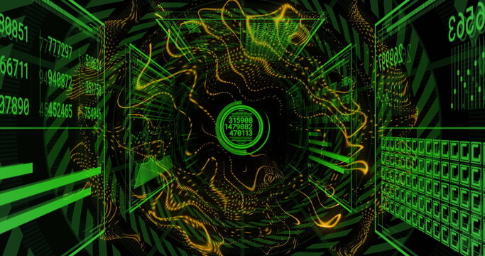 Spiraling data vortex drawing floating numeric code and energy strands through virtual data tunnel