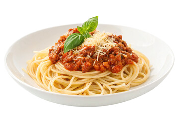 Savory spaghetti bolognese topped with fresh basil and grated parmesan cheese, a classic Italian comfort food delight.
