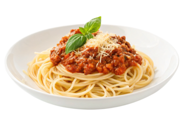 Savory spaghetti bolognese topped with fresh basil and grated parmesan cheese, a classic Italian comfort food delight.