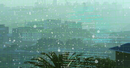 Obraz premium Viewing skyline through raindrop flecked glass at high-rise deck, with palm frond and code overlay