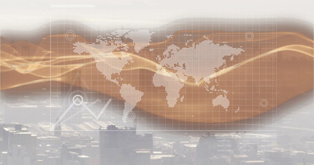 Covering cityscape with dotted world map overlay, grid lines, golden waves, markers, faint graph