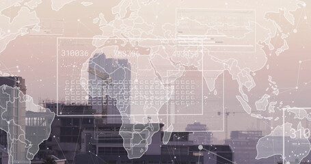 City skyline and digital interface merging on urban rooftop, with world map overlay and nodes