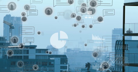 Floating overlays showing chat bubbles and user icons over coastal skyline, with charts and code