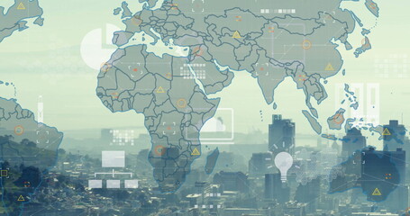 Showing transparent world map overlay linking global data over urban skyline, with digital icons