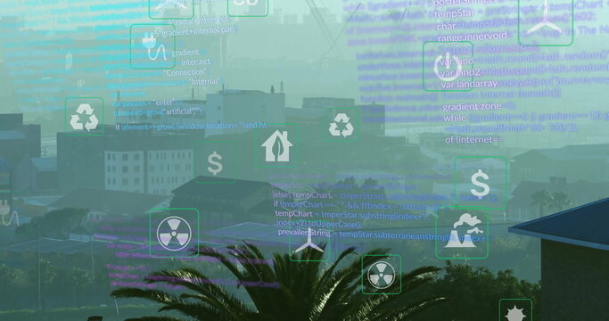 Floating cluster of icons and code overlays above smoggy urban skyline, with eco finance symbols - Powered by Adobe