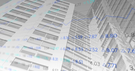 Displaying skyscrapers in financial district with window grids blue line graph and triangles