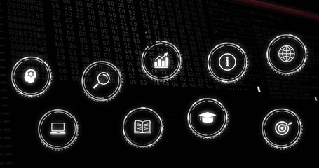 Icons glowing over code, with gear, magnifier, chart, info, globe, laptop, education and target