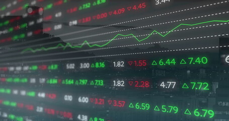 Displaying stock tickers overlaying city skyline at dusk, with numeric quotes and green line chart