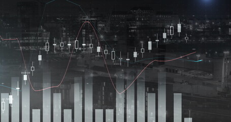 Displaying data overlay over night downtown skyline with candlesticks, trend and numbers